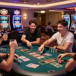 Friends celebrate a win at BK8 casino gaming table with colorful chips and drinks.