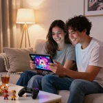 Couple playing sex game on a tablet in a cozy living room