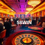 Players enjoying poker and roulette at 58WIN casino, showcasing excitement and luxury.