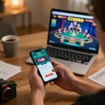 Engaging online gambling session featuring a c168 link app on smartphone in a cozy setup