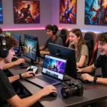 G88 Club members enjoying online gaming in a vibrant modern lounge with interactive interfaces and dynamic atmosphere.