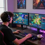 Experience seamless az888 đăng nhập with a gamer at a vibrant, tech-savvy workspace.
