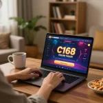 C168 online gambling setup with user engaged in gameplay on laptop in a cozy home environment.