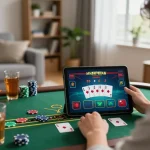 Person engaged in online gambling at the Website Red88 using a tablet in a cozy living room.
