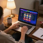 Player engaging with the Hbet online casino interface in a cozy living room, emphasizing a responsible gambling atmosphere.