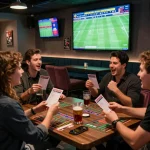 Friends celebrating while placing kèo 1gom bets in a lively sportsbook