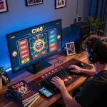 C168 player engaged in strategic online gaming on laptop with betting resources around