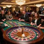 Experience the excitement of SC888 roulette as players gather around a vibrant table in a luxurious casino.