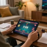 X 88 player enjoying online casino game on tablet in cozy living room, showcasing betting strategy.