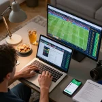 Intently placing bets on nhà cái bl555 while engaged in sports events at home with multiple screens.