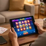 Engaged player enjoying Cổng game Sky88 on tablet, immersed in online poker gameplay.