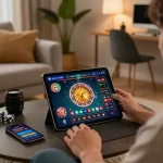 Engaging gameplay at https://ga88bet.com/ on a tablet during a cozy online casino night.