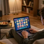 Engaging in online gambling at SHBET with a colorful slot game displayed on the laptop screen