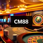 Engaged gamblers enjoying a vibrant casino scene with CM88 branding and exciting gaming activities.