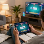 Login Xo88 while enjoying online poker game on tablet in a cozy home environment