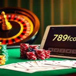 The vibrant poker chips and roulette wheel showcase the excitement of online gaming on https://789fcom.asia/.