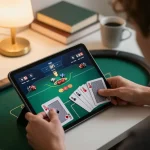 Engaged player strategizing in an online poker game with 789F interface on tablet.