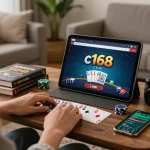 Playing blackjack on c168 com with tablets and strategy books in cozy living room.