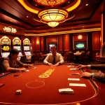 Players enjoying high-stakes poker at Jun 88, featuring vibrant casino elements and an exciting atmosphere.