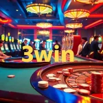 Casino excitement at 3win with luxury tables, roulette wheel, and vibrant players.