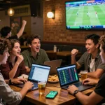 Tỷ lệ kèo nhà cái hôm nay discussed in a vibrant sports bar with friends enjoying the game.