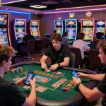 Players enjoying the excitement of XIN88's vibrant online casino with colorful slot machines and live gaming.