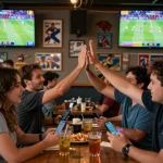 Fans enjoying kèo nhà cái while passionately watching sports on big screens, celebrating wins