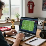Nowgoal football betting enthusiast analyzing live scores and odds at home office.