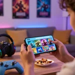 S666 mobile gaming scene with enthusiastic player enjoying diverse games in a cozy atmosphere.
