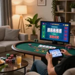 Player engaging with live dealer blackjack on TG88 tablet in cozy home setting