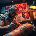 A tattoo artist at work in a digital studio, showcasing designs related to https://89bet.tattoo/.