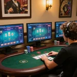 Player enjoying live dealer game on Net88 platform, showcasing a professional gaming setup.