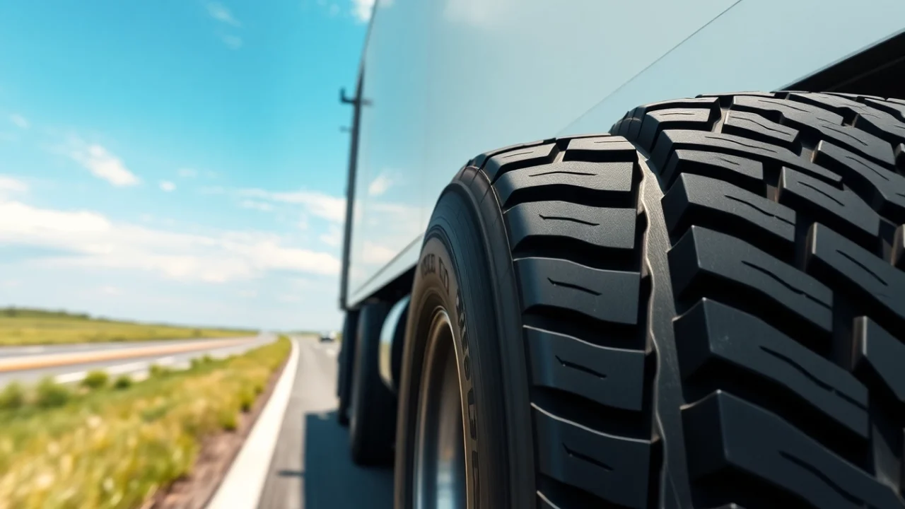 High-quality RR99 all-position truck tire mounted on a semi-truck showcasing performance on highway.