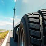 High-quality RR99 all-position truck tire mounted on a semi-truck showcasing performance on highway.