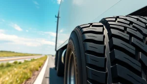 High-quality RR99 all-position truck tire mounted on a semi-truck showcasing performance on highway.