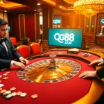Players enjoying a thrilling game at QQ88 COM’s vibrant casino table, highlighting excitement and luxury.