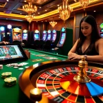 Exciting gaming scene at nhà cái kim88 featuring a glamorous poker table and spinning roulette wheel.