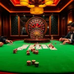 Players enjoying a high-stakes game at 33win's luxurious casino, showcasing poker and roulette.