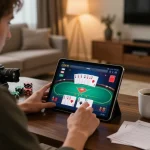 Person enjoying okwin online poker game on tablet in a cozy living room setting.