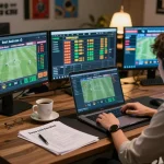 Engaged bettor analyzing kèo nhà cái on multiple screens during live sports events.