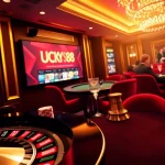 Experience the thrill of betting with LUCKY88.COM at a luxurious casino table filled with chips.