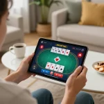 Engaged player on nk 88 using a tablet for an exciting poker game in a cozy living room