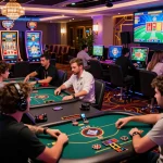 Exciting hit club online gaming scene in a luxury virtual casino with players engaged in various games.