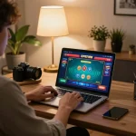 Playing open88 poker from home, showcasing online casino strategy and relaxing atmosphere.