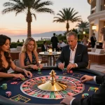 Players enjoy roulette at mm88 casino terrace during sunset, showcasing strategic gameplay.