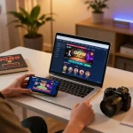 Engaging in qq88 online casino gameplay with laptop and smartphone in a cozy setting.