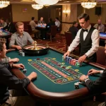 NHĂ CĂI AE888 players enjoying roulette gameplay with vibrant chip stacks and dealer interaction.
