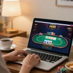 Player enjoying an SV66 live dealer game on a laptop at home, showcasing excitement and strategy.