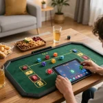 Player engaging in Tài Xỉu online gaming at home with tablet and colorful dice on screen, emphasizing taixiuonlinego experience