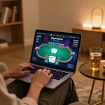 Player engaging in online poker gameplay on 68gamebaivn with cozy home ambiance